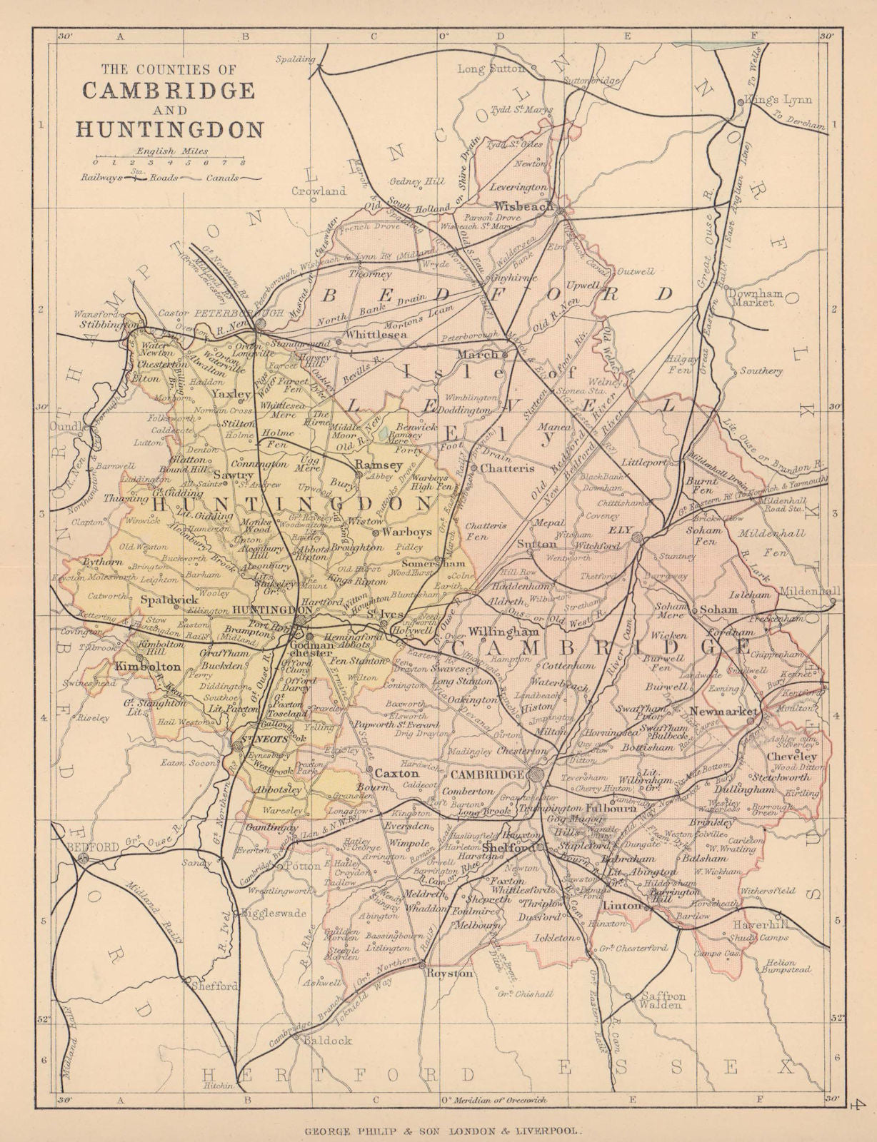 CAMBRIDGESHIRE & HUNTINGDONSHIRE. Antique county map. Railways. PHILIP 1885